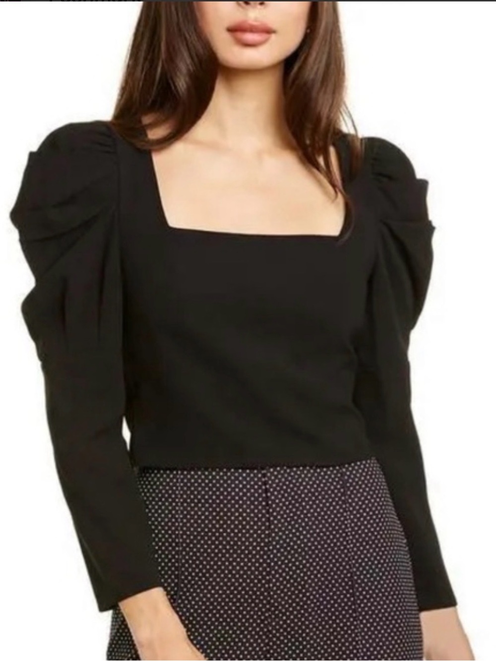 Alice + Olivia Black Square-Neck Puff Sleeve Long Sleeve Top